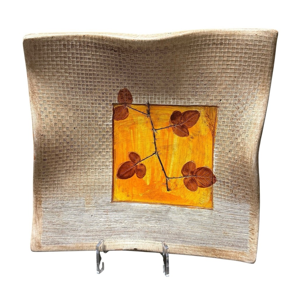 Vintage Studio Pottery Square Plate Pressed Leaf‎ Textured Art Pottery Dish